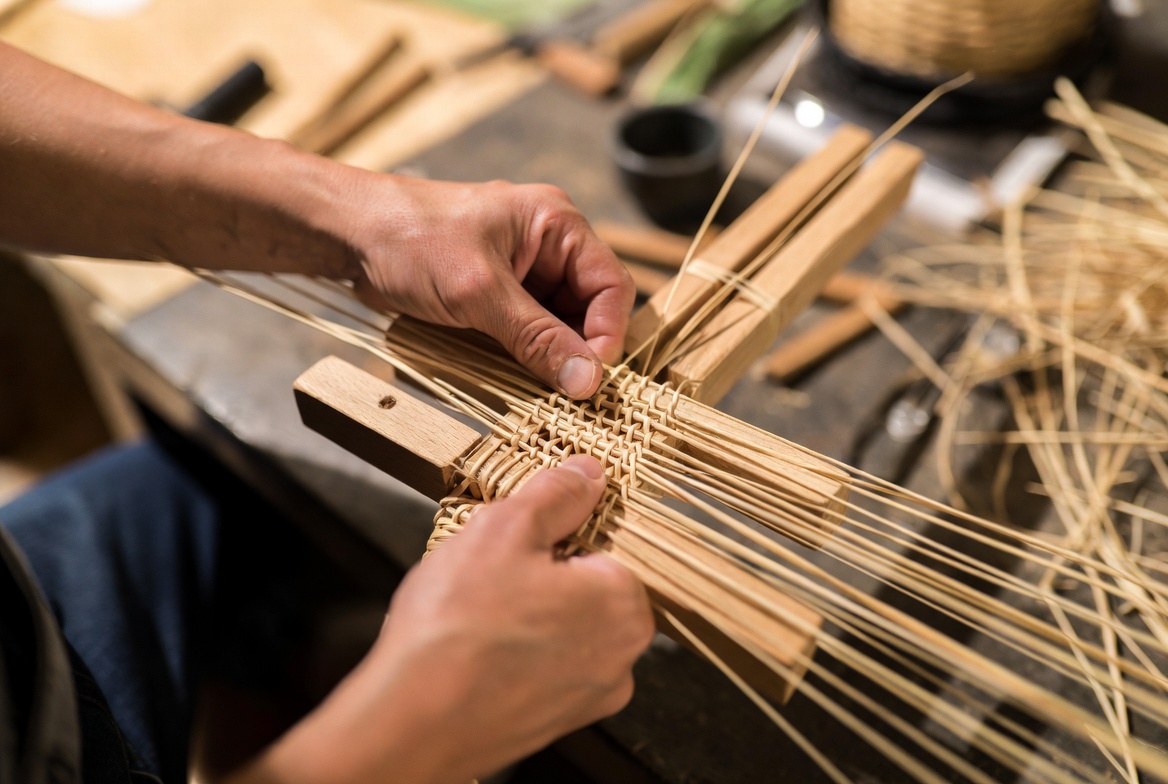 Handwoven Basket Craft Process Processo artigianale del cestino intrecciato a mano