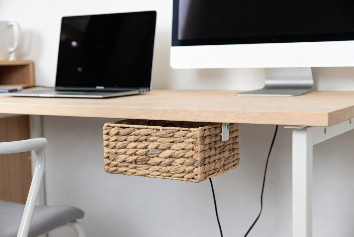 Mesa minimalista com cesta de cabos tecidos.jpg