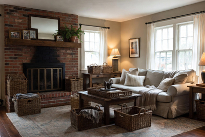 Farmhouse Living Room With Wicker Baskets.jpg
